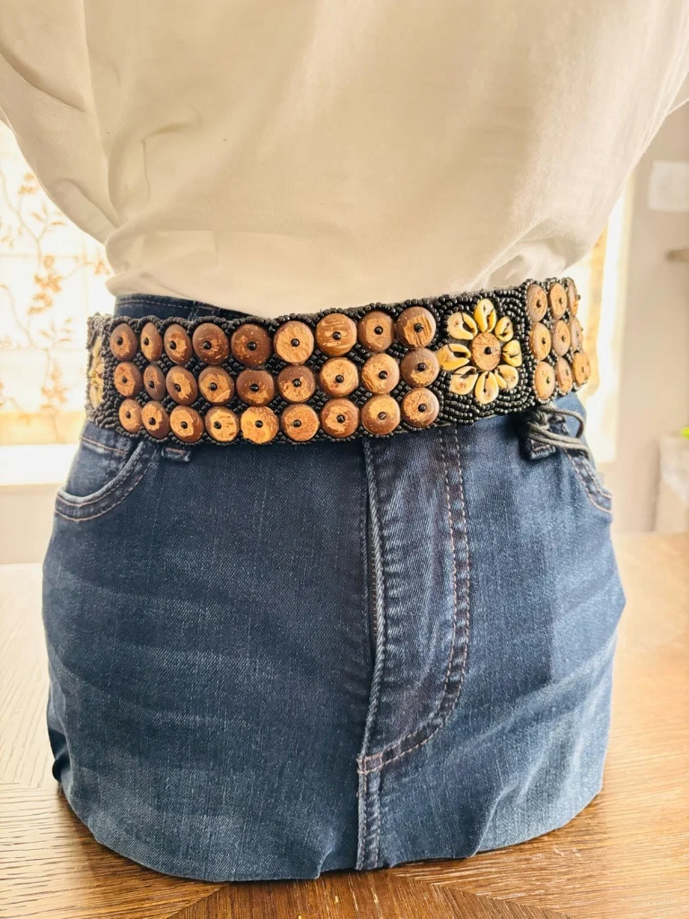 Boho Wood Bead Shell Belt Artisan Festival Anthropologie Style